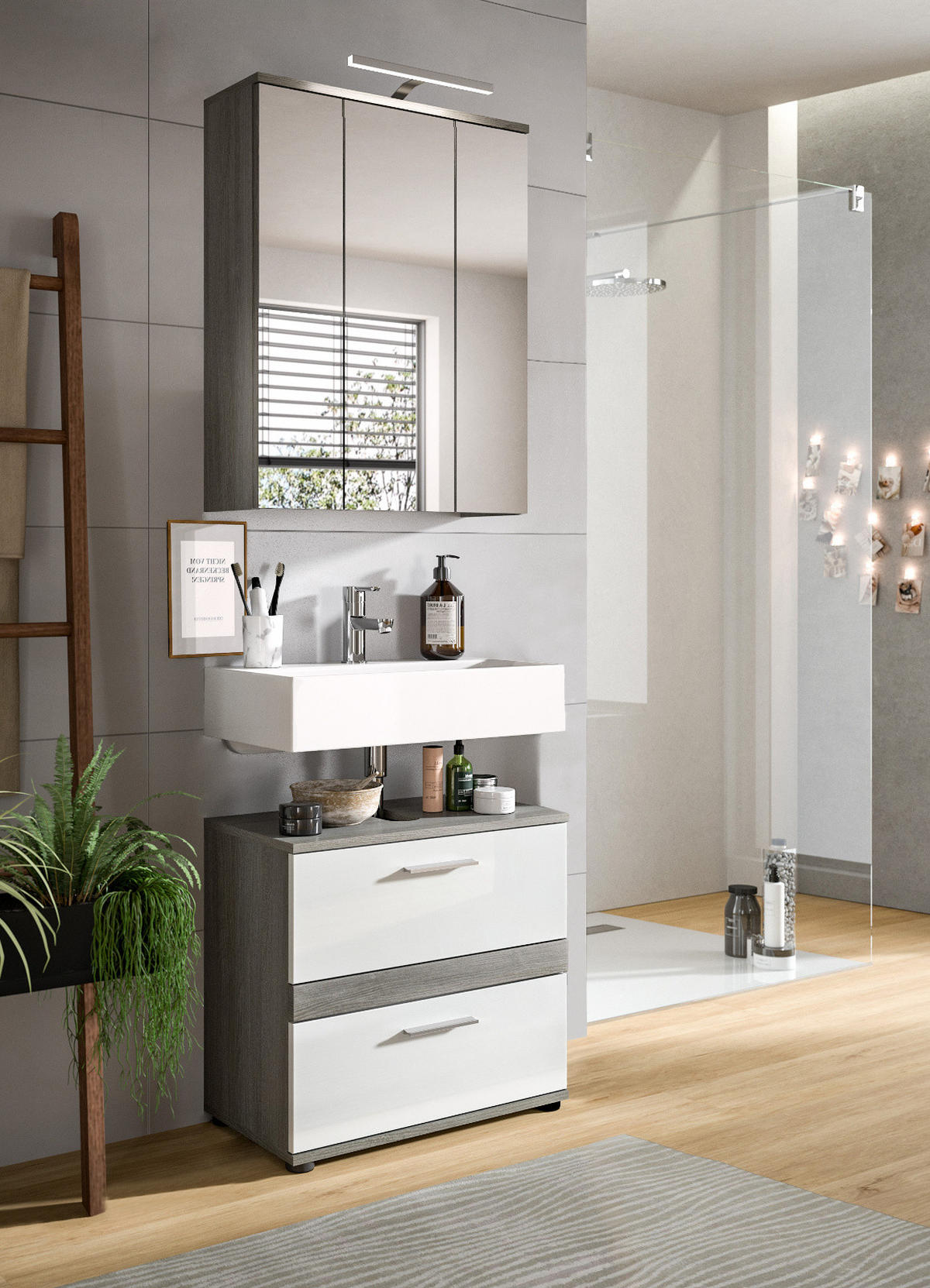 BADMÖBEL-SET weiß Hochglanz, grau 2-teilig 60 cm, Kombination mit viel Stauraum - Weiß Hochglanz/Grau, Holzwerkstoff (60/191/34cm) - Inn.Furn
