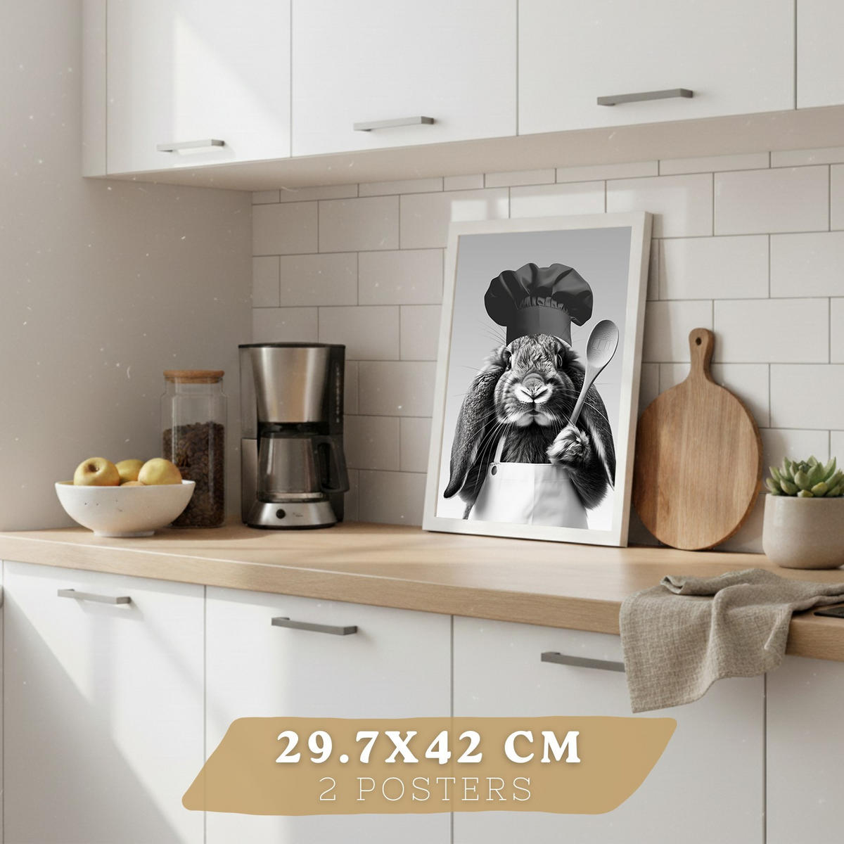 POSTER 4er Set Lustige Tiere Schwarz Weiß Wandbilder Hase Panda Golden Retriever Koch Küche Deko Weißer Rahmen A3 - Weiß, Papier (29.7/1/42cm) - Nacnic