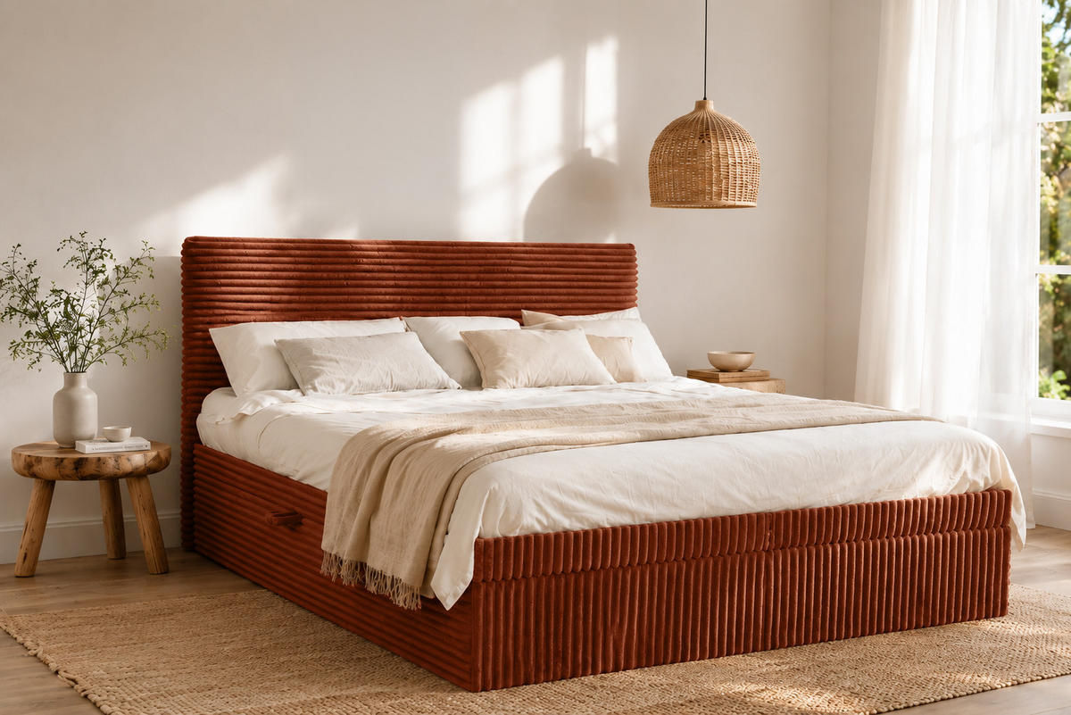 BOXBETT Bettkasten Und Topper TRENTO Ohne Bein Stoff Plüsch Cord 180x200 cm Kupfer H3-Bonell - Kupferfarben, Holz/Textil (180/200cm) - Kaiser Möbel
