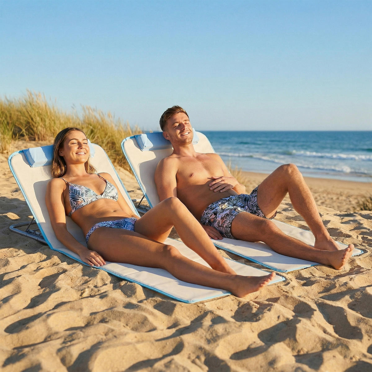 STRANDLIEGE Sonnenliege Gartenliege, klappbar, verstellbare Rücklehne, Seitentasche, 48 cm x 134 cm x 33-43 cm, Beige - Beige, Metall (134/43/48cm)