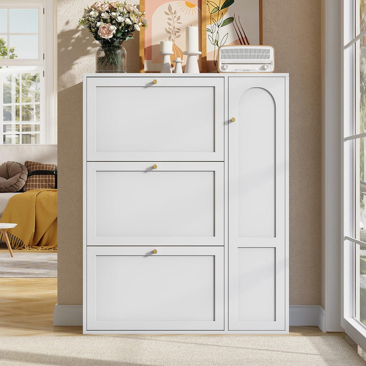 SCHUHSCHRANK WEISS 3 Klappen verstellbare Trennwände - Weiß, Holzwerkstoff (25/114/90cm) - Bomclap