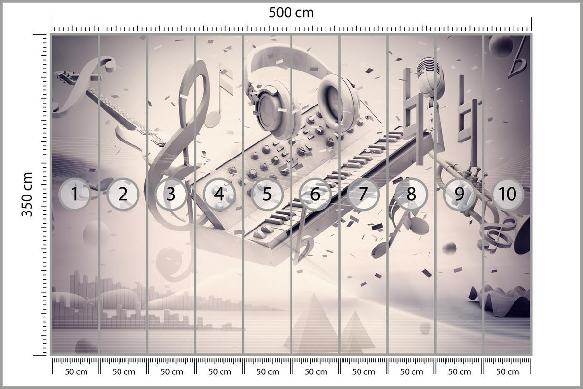 FOTOTAPETE für Jugendzimmer Modern Kollage Musik Klavier Noten Kopfhörer 500x350 - Grau, Papier (500/350cm) - Muralo