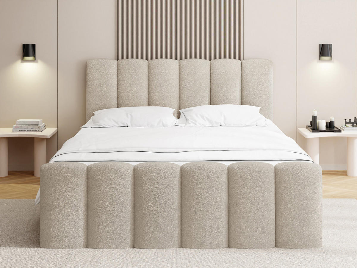 BOXBETT Serenity mit Bettkasten, Boucle Beige 140x200 cm – inkl. H4 Taschenfederkern Matratze & Foam Topper - Beige/Schwarz, Holz/Holzwerkstoff (140/200cm) - WFL GROUP