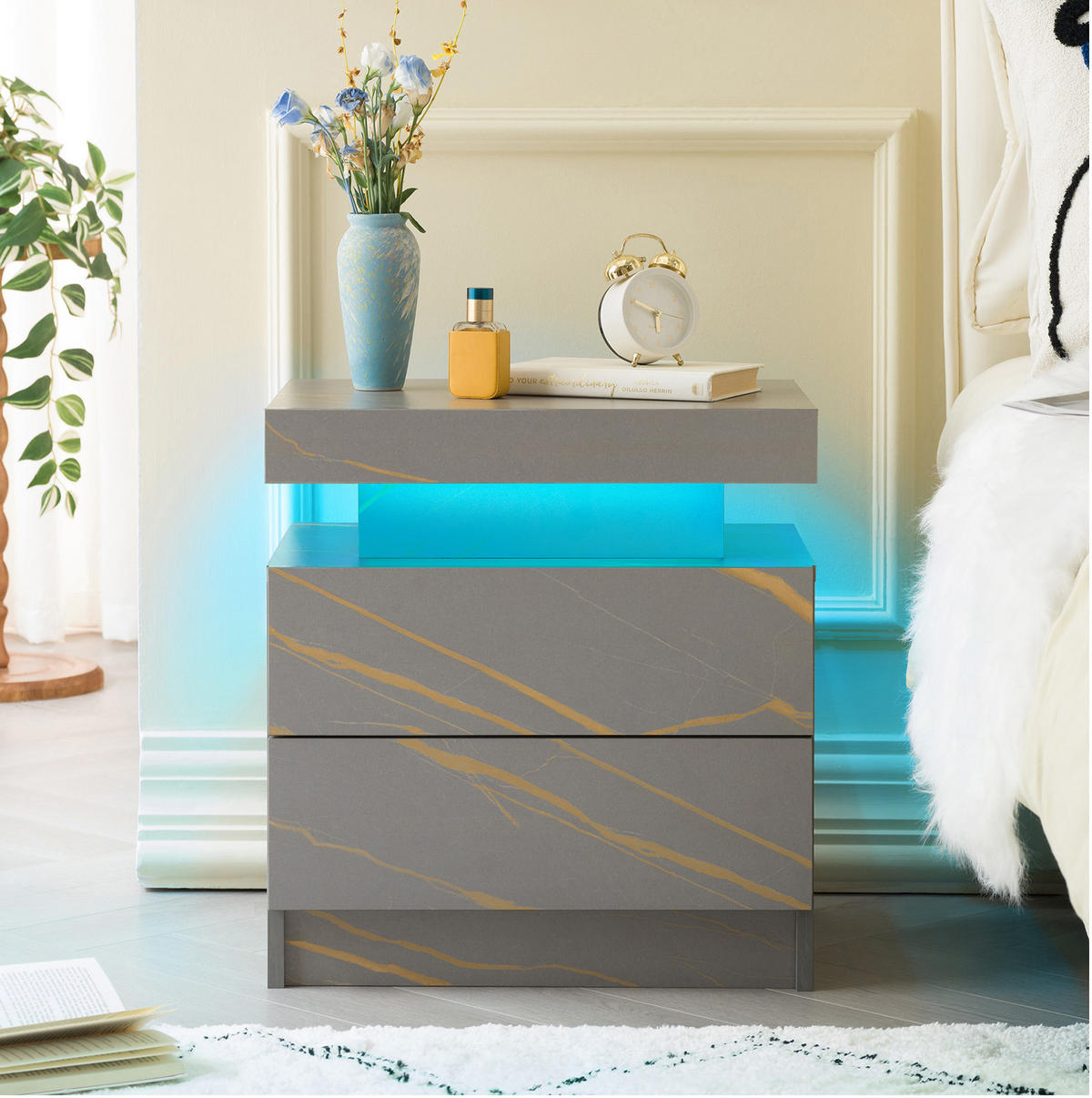 NACHTTISCH 50/53/36 cm mit LED-Beleuchtung & 2 Schubladen in Grau/Gold - Grau, Holzwerkstoff (53/36/50cm) - BEAOK