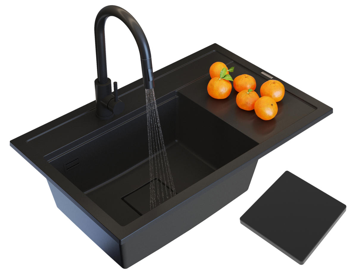 KÜCHENSPÜLE Rendo mit Siphon Batterie - Schwarz, Kunststoff/Stein (51/22/81cm) - Granitan