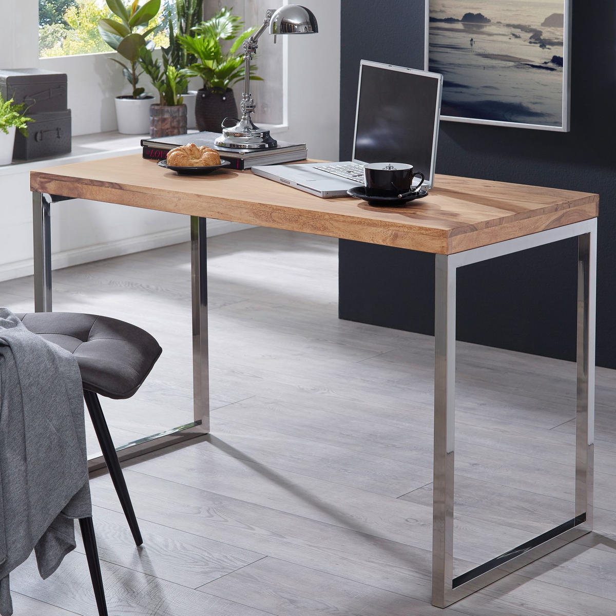 SCHREIBTISCH Massivholz Landhausstil Chromgestell ISEN, Beige 120x60x76 cm - Beige/Silberfarben, Holz/Metall (60/120/76cm) - KADIMA DESIGN