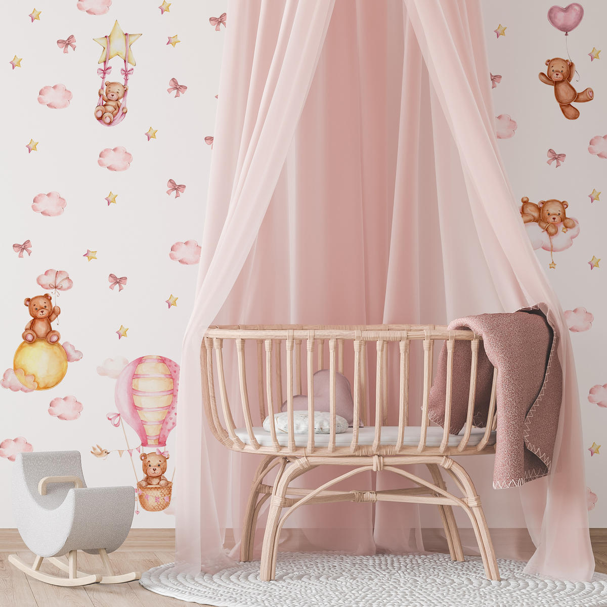 WANDSTICKER Teddybären rosa Wolken Sterne Ballons 60x30 - Gelb/Beige, Papier (60/30/1cm) - Muralo