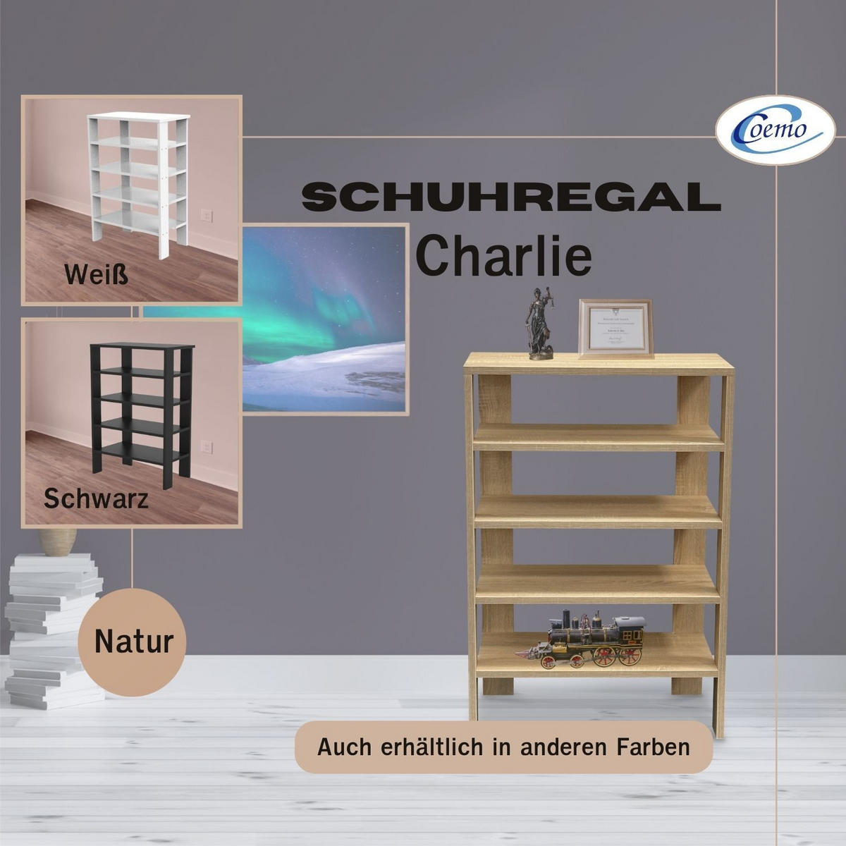 SCHUHREGAL CHARLIE in Braun 5 Ablagen - Naturfarben, Holzwerkstoff (32/87/60cm) - Coemo