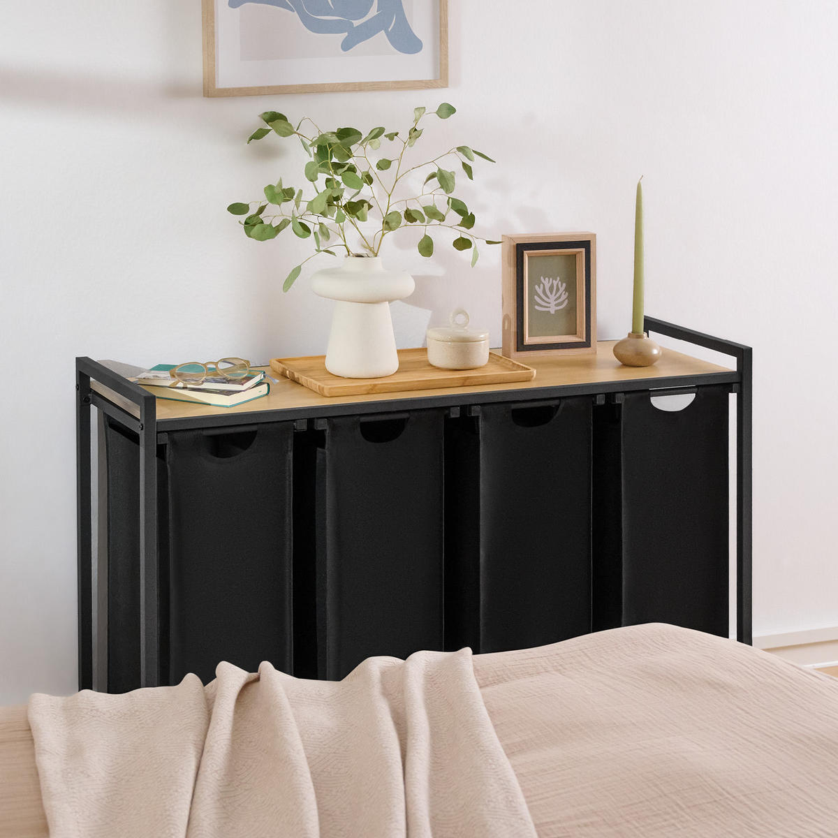 WÄSCHESAMMLER 4 Fächer Schwarz - Wäschekorb mit Ablage in Bambus-Optik - Wäschesortierer 4 Fächer - Schwarz, Textil (110.5/73/36cm) - Blumtal