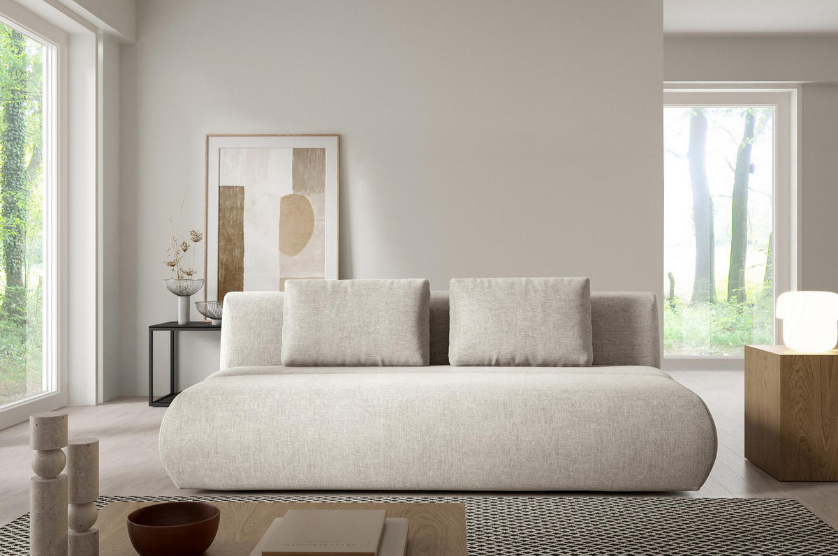 BETTSOFA ATOMO Beige Chenille-Stoff mit Schlaffunktion - Beige, Holz (217/82/134cm) - MASSENO