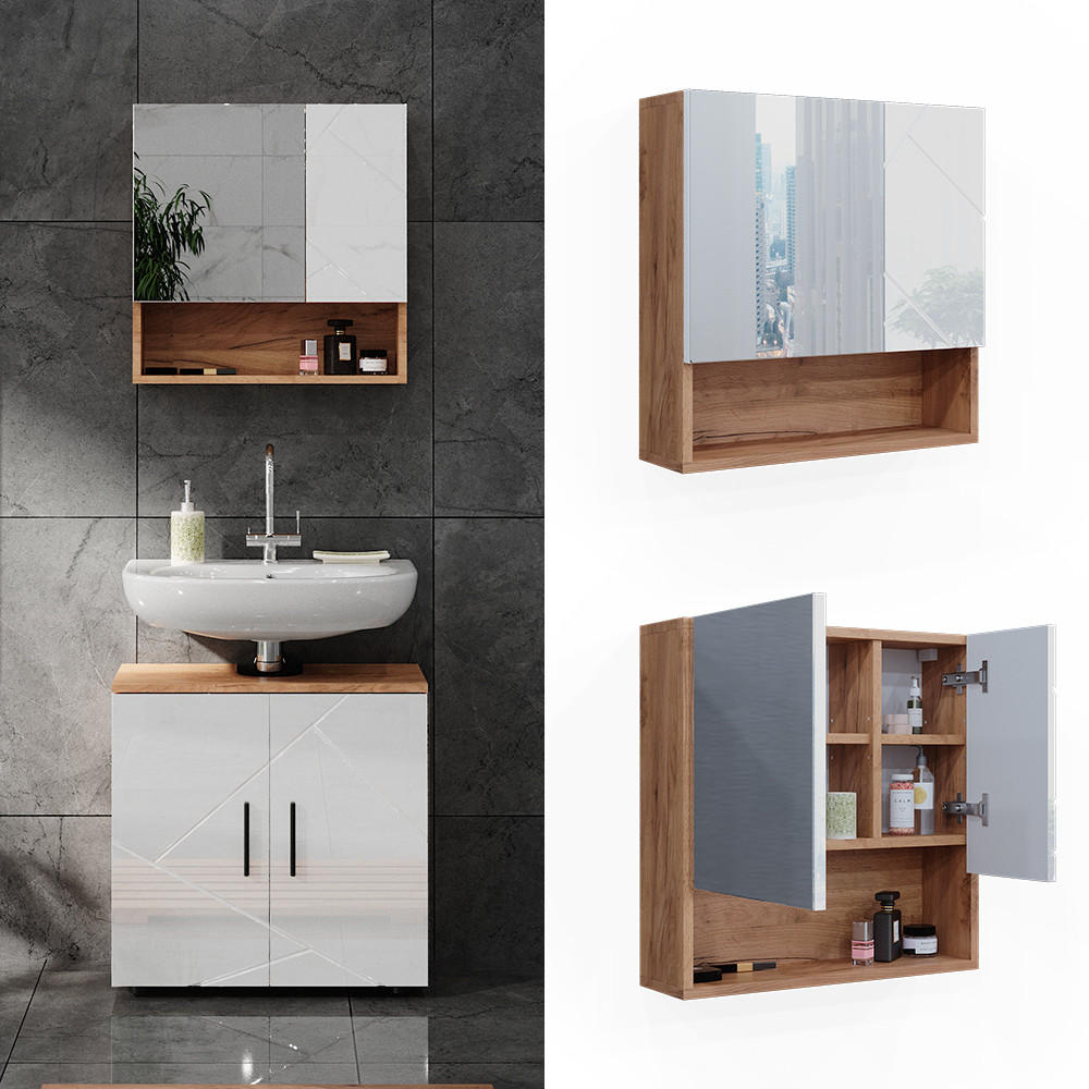 BADSPIEGELSCHRANK Irma Weiß Hochglanz/Goldkraft Eiche 54 x 55 cm - Weiß Hochglanz/Eiche Wotan, Holzwerkstoff (54/55/16.9cm) - Vicco