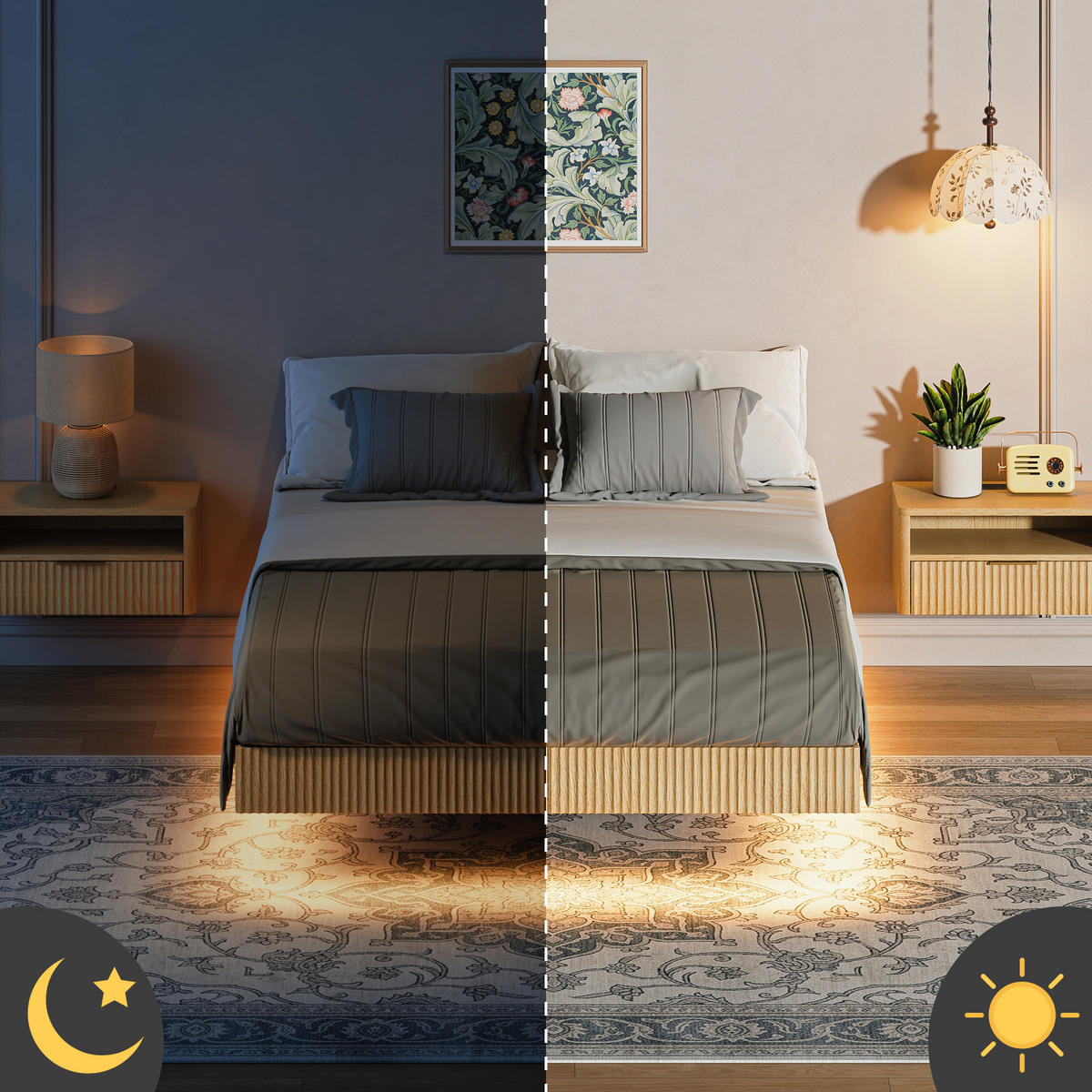 BETT 140/200 cm DE-33047 Schwebedesign mit LED-Licht Eiche - Naturfarben, Holzwerkstoff (140/200cm) - ComfortXL