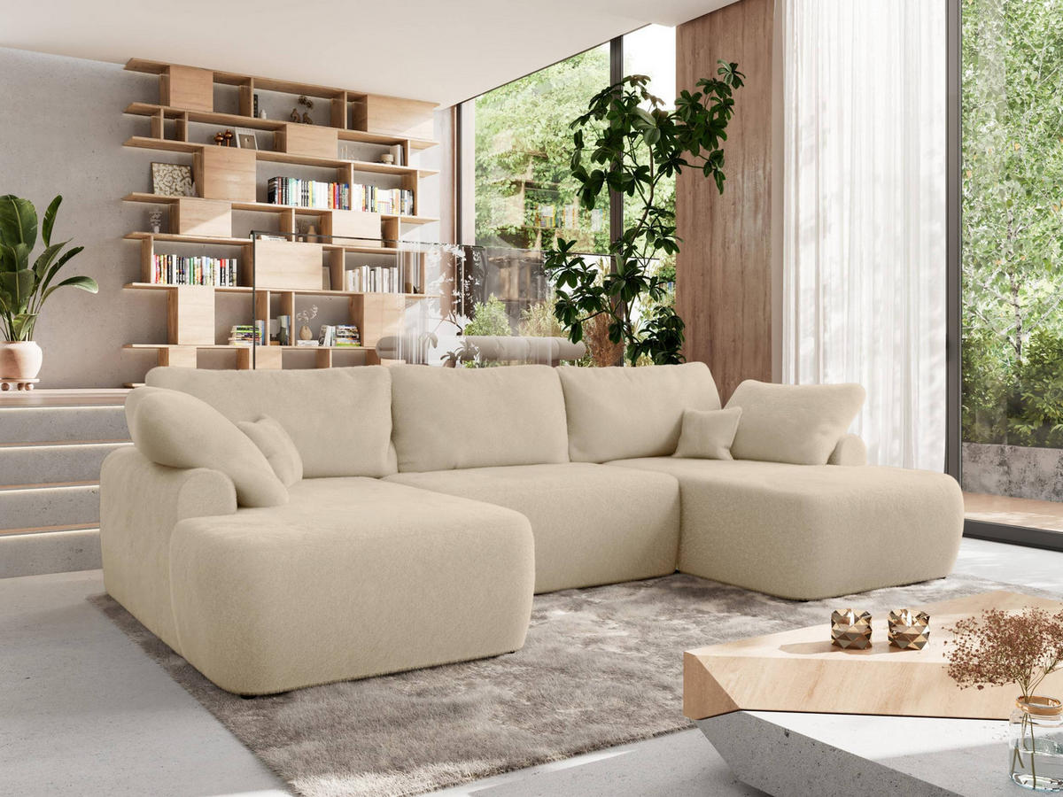 WOHNLANDSCHAFT CUBO U Creme Plüsch - Creme/Schwarz, Kunststoff/Textil (370/100/187cm) - MKS