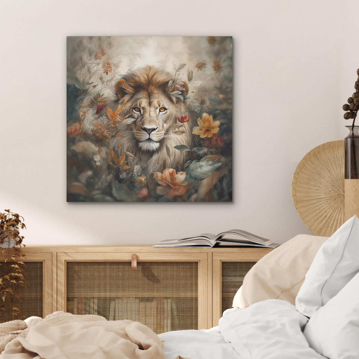 AKUSTIKBILD Löwe - Wildtiere - Pflanzen - Natur - Blumen Wandbilder 60x60 cm - Beige, Kunststoff (60/60/0.9cm) - MuchoWow