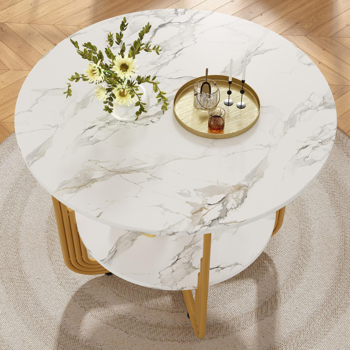 ESSTISCH 80x80x76 cm in Weiß und Gold aus MDF mit Kunstmarmor auf goldenem Metallrahmen - Weiß, Holzwerkstoff (80/80/76cm) - Modfu
