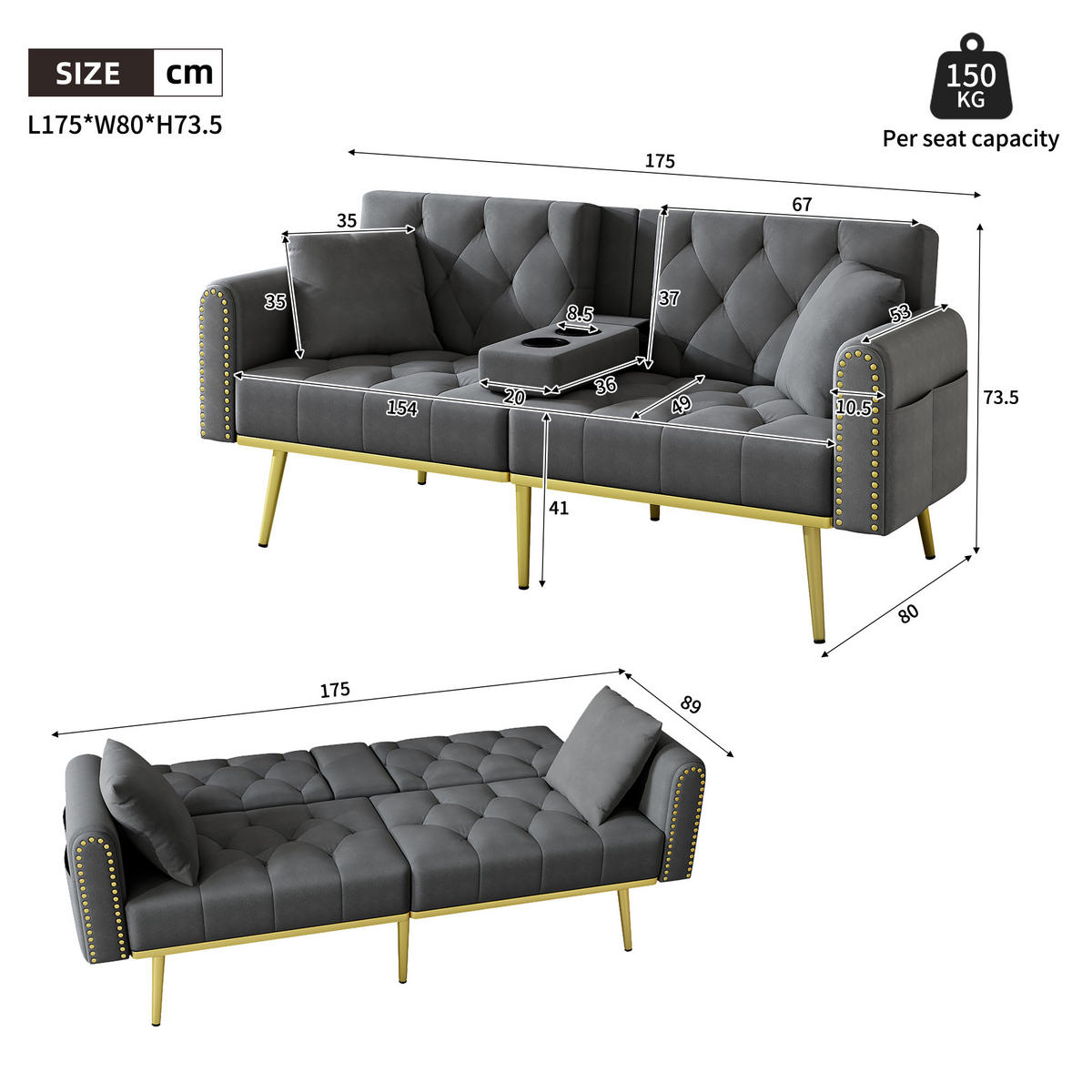 SCHLAFSOFA Samt mit verstellbarer Rückenlehne und Getränkehalter Grau 175/80/73,5 cm - Grau, Textil (73.5/175/80cm) - Redom