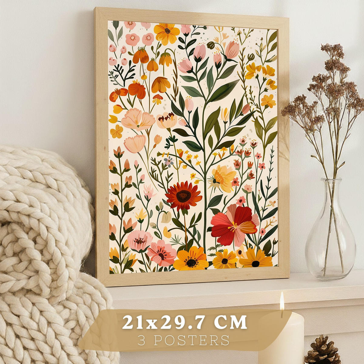 PLAKAT Sada 3 tisků akvarelových květin. Barevné botanické minimalistické nástěnné umění Plakáty s divokými květinami do ložnice pokoje A4 bez rámu - čirá, papír (29.7/42/3cm)
