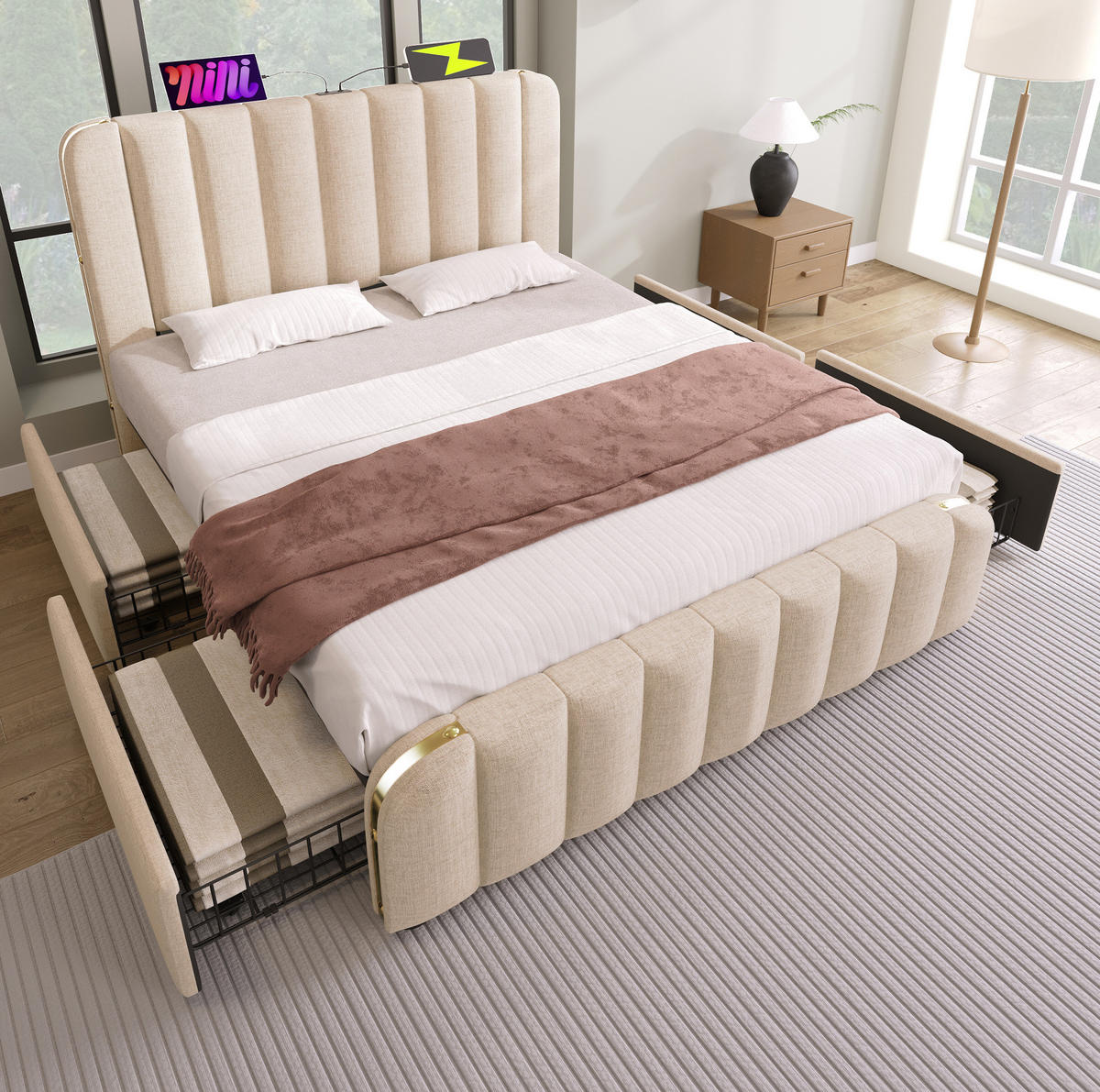 POLSTERBETT 140/200 cm in Beige mit 4 Schubladen und USB- sowie Type-C-Anschlüssen - Beige, Textil (140/200cm) - Flora Grace