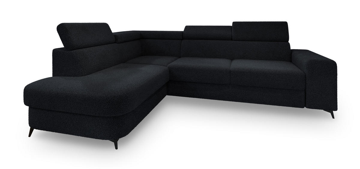 ECKSOFA ALVORO L-S Schwarz Boucle-Stoff mit Schlaffunktion - Schwarz, Holz (253/190cm) - MASSENO