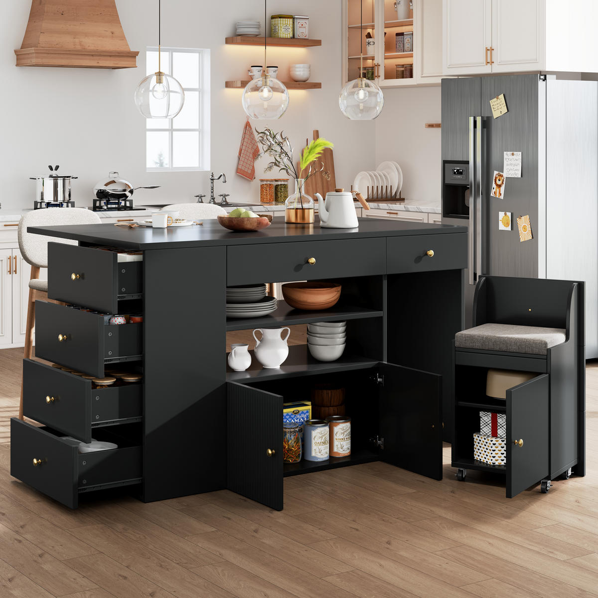 KÜCHENINSEL 140/40(70)/89 cm schwarz mit Hocker und Stauraum - Schwarz, Holzwerkstoff (140/89/70cm) - OKWISH