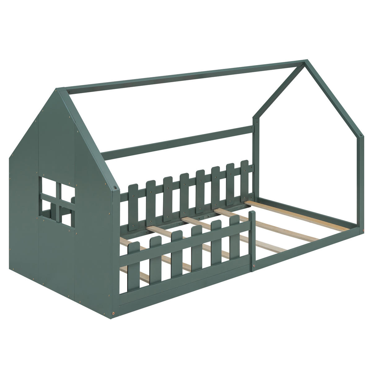 KINDERBETT 90x200cm Grün Flachbett Hausleiste - Grün, Holz (90/200cm) - FLIEKS