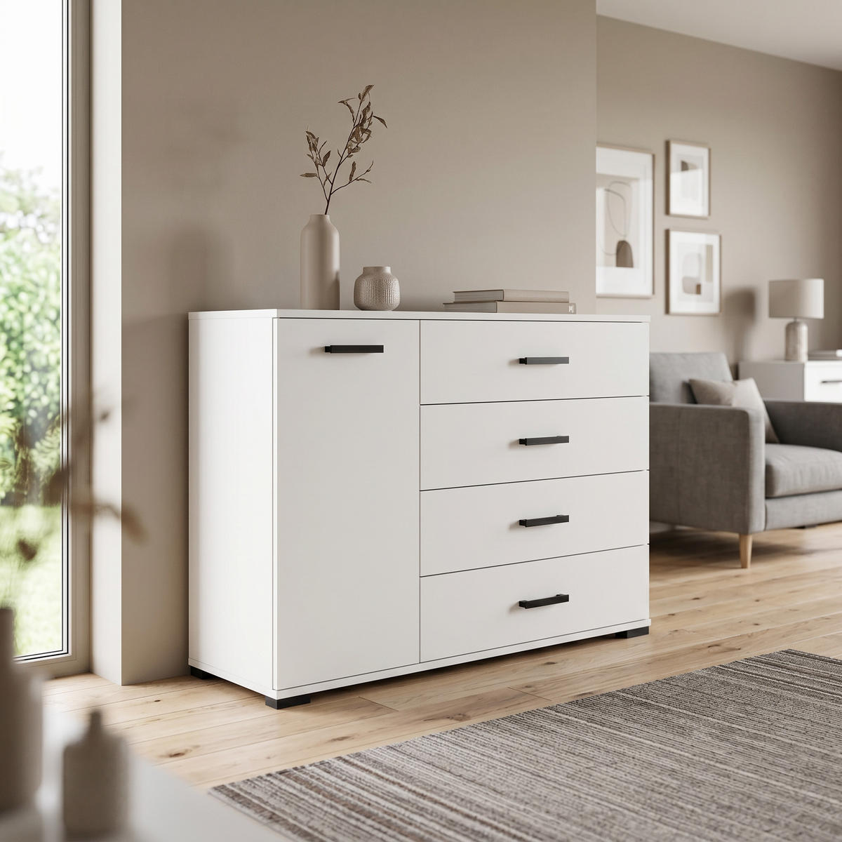 KOMMODE ALBANO 120/83/40cm mit 4 Schubladen 1 Türen Weiß - Weiß, Holzwerkstoff (120/83/40cm) - MASSENO