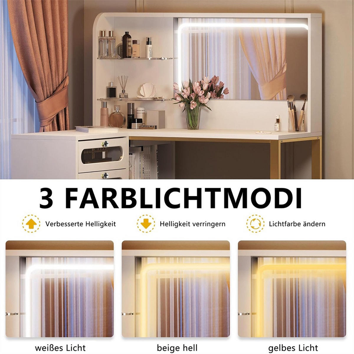SCHMINKTISCH - Frisiertisch in L-Form mit LED-Beleuchtung - 5 Schubladen und Hocker - Weiß und Gold - Weiß, Holzwerkstoff (80/135/120cm) - DELFA