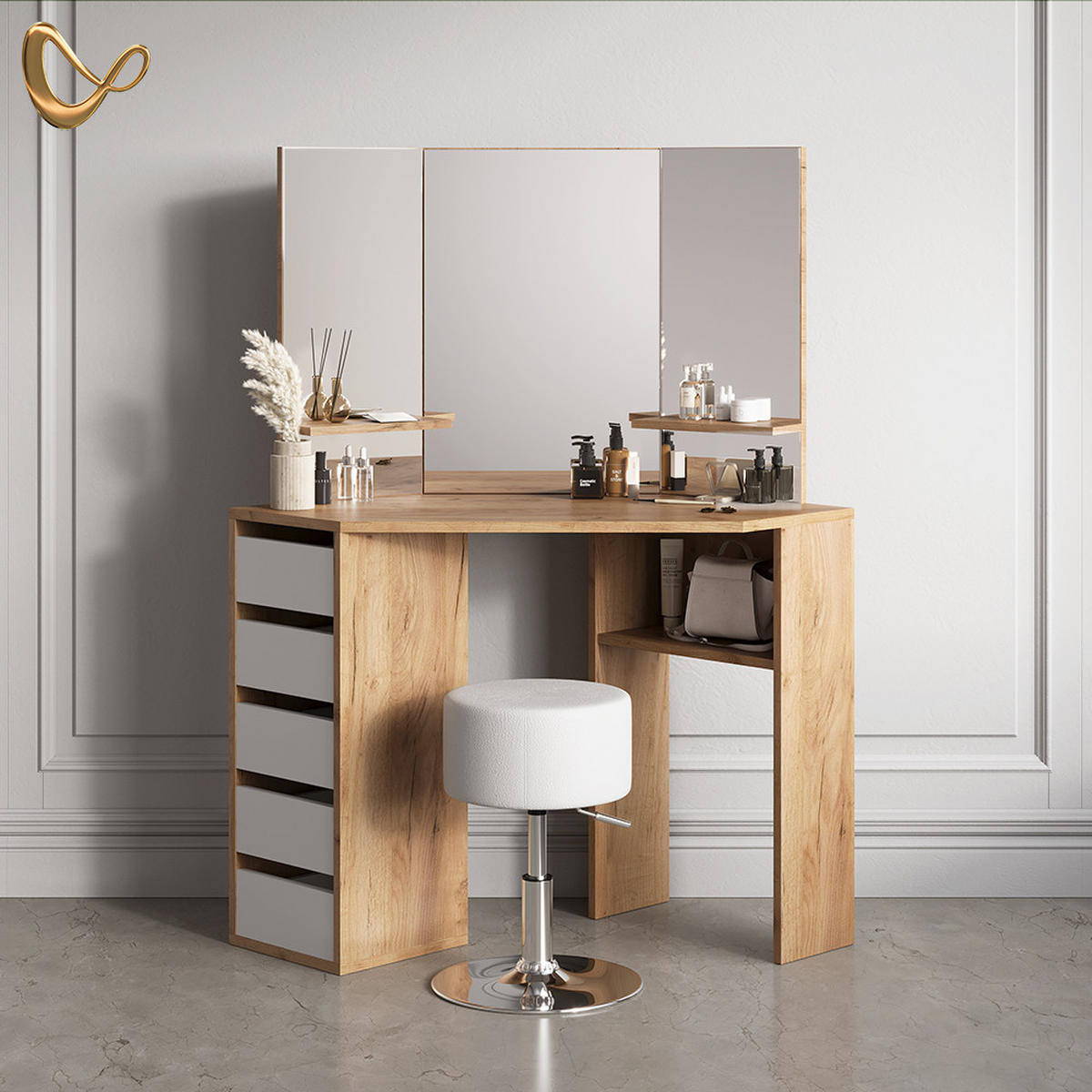 ECKSCHMINKTISCH Enna Goldkraft Eiche 110 cm mit Hocker - Honigeiche, Holzwerkstoff (110/141.5/54cm) - Livinity®