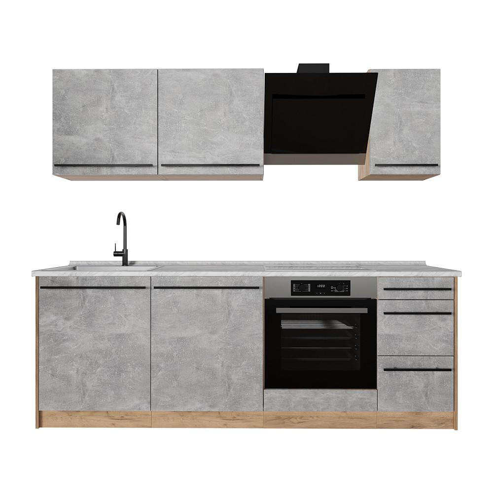 KÜCHENZEILE R-Line, Beton/Goldkraft Eiche, 220 cm Arbeitsplatte Marmor - Honigeiche/Grau, Holzwerkstoff (220/81.6/60cm) - Vicco