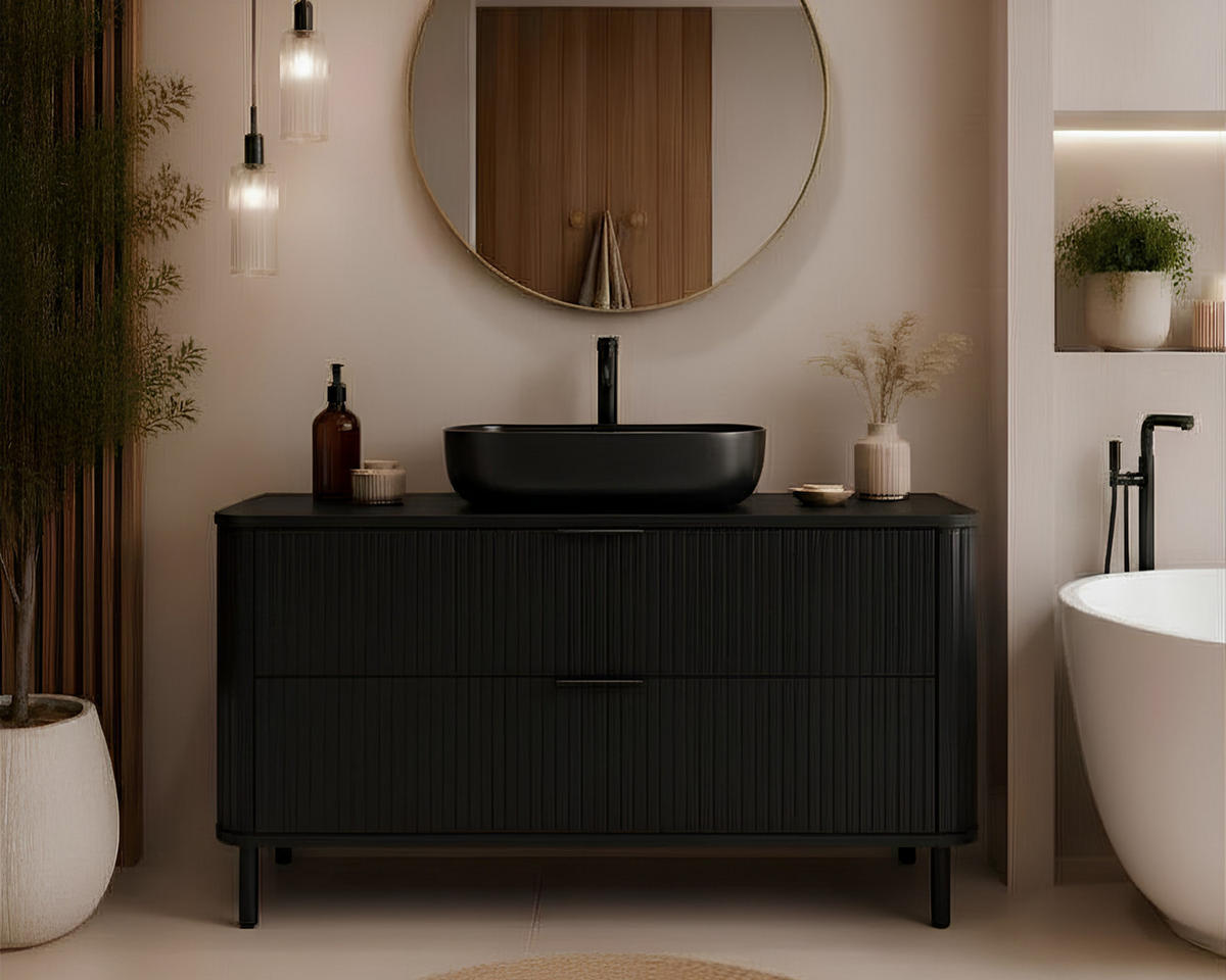 BADEZIMMERSCHRANK : Farbe Schwarz, Griff schwarz, Füße schwarz, 120 x 41,5 x 66,7 cm - Schwarz, Holzwerkstoff (120/66.7/41.5cm) - 3XE LIVING