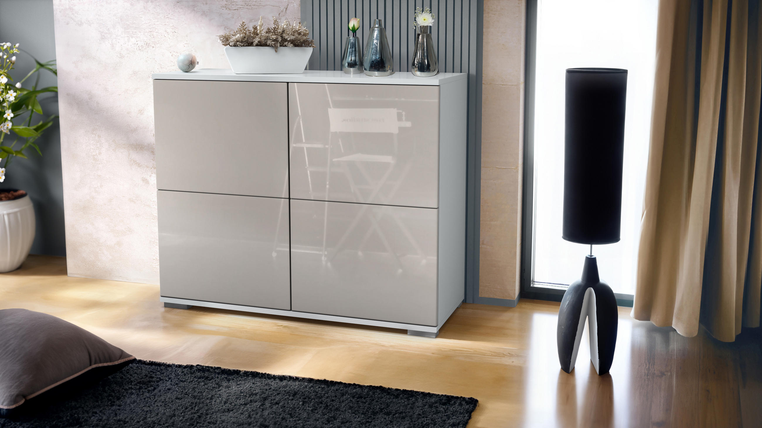 KOMMODE Rova Sandgrau Hochglanz - Sandfarben, Holzwerkstoff (92.5/75.5/35cm) - Vladon