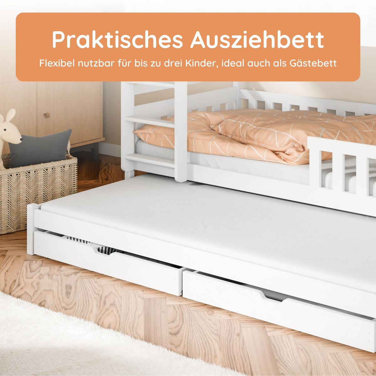 ETAGENBETT mit Schubladen und Ausziehbett 90x200 in Weiß - Weiß, Holz (90/200cm) - Kids Collective