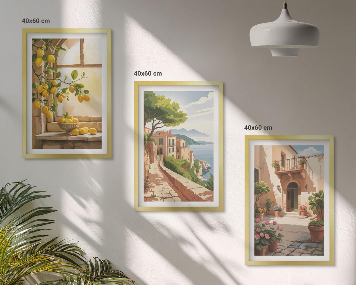 BILDER SET 3er Set - 40x60 cm Goldrahmen - Zitrusfrüchte in der Küchenmeerstadt - Goldfarben, Kunststoff (40/60cm) - TULUP