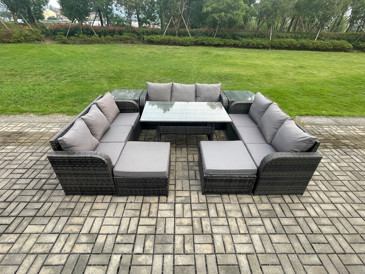 GARTENTISCHGRUPPE mit 2 Hocker 2 Beistelltisch Polyrattan Dunkelgrau 11-Sitzer - Dunkelgrau/Grau, Glas/Kunststoff - Fimous