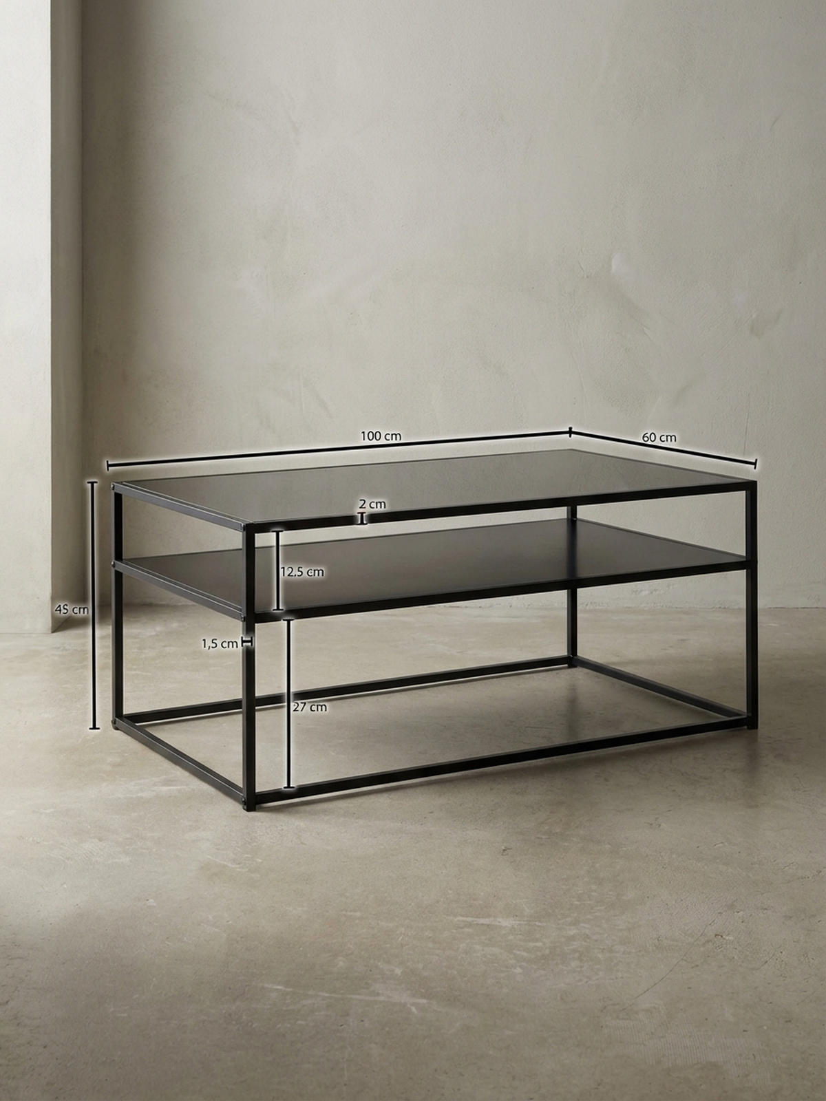 COUCHTISCH Grau Metall, Industrial-Stil mit Stauraum, Robuste Verarbeitung, Maße: 100 x 60 x 45 cm - Schwarz, Metall (60/100/45cm) - KADIMA DESIGN