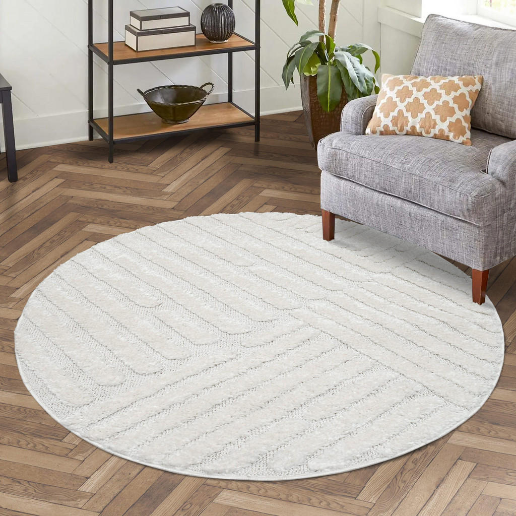 Thumbnail - carpet city Hochflor-Teppich, Creme, Textil, Grafikmuster, Rund, 160x160 cm, Oeko-Tex® Standard 100, für Fußbodenheizung...