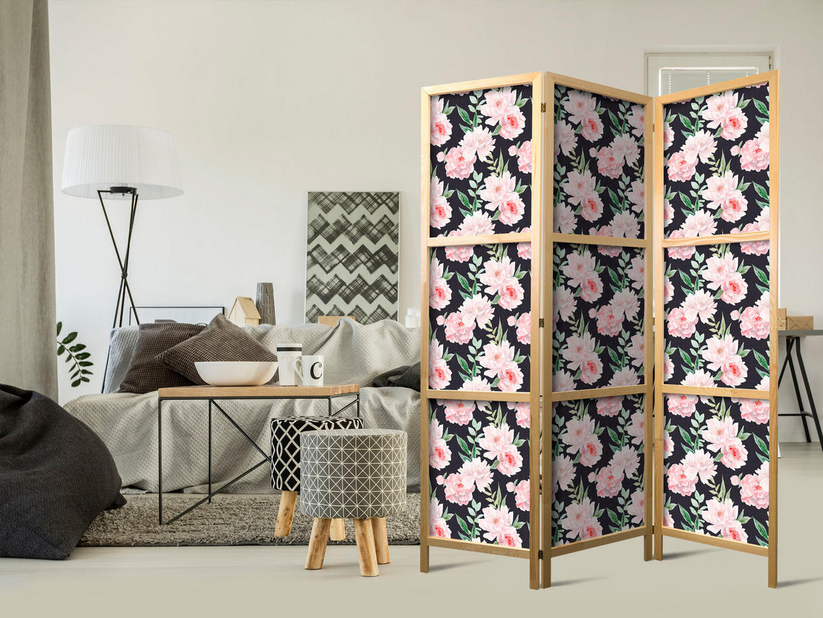 PARAVENT Japanischer 3-tlg 135x172 cm Pfingstrosen - Multicolor, Holz/Textil (135/172/3cm) - Muralo