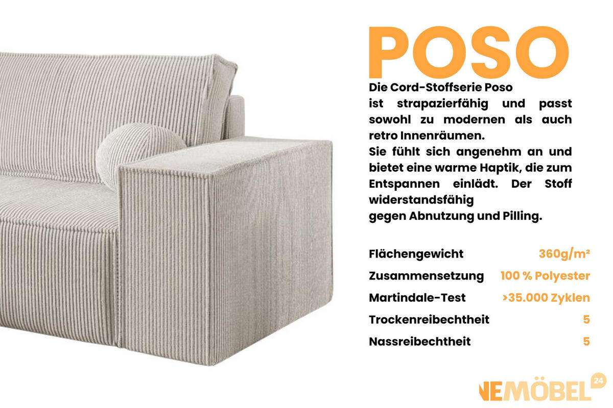 ECKSOFA NEPTUN 255/148 in Cord Creme links - Creme, Holz/Holzwerkstoff (255/148cm) - Deine Möbel 24