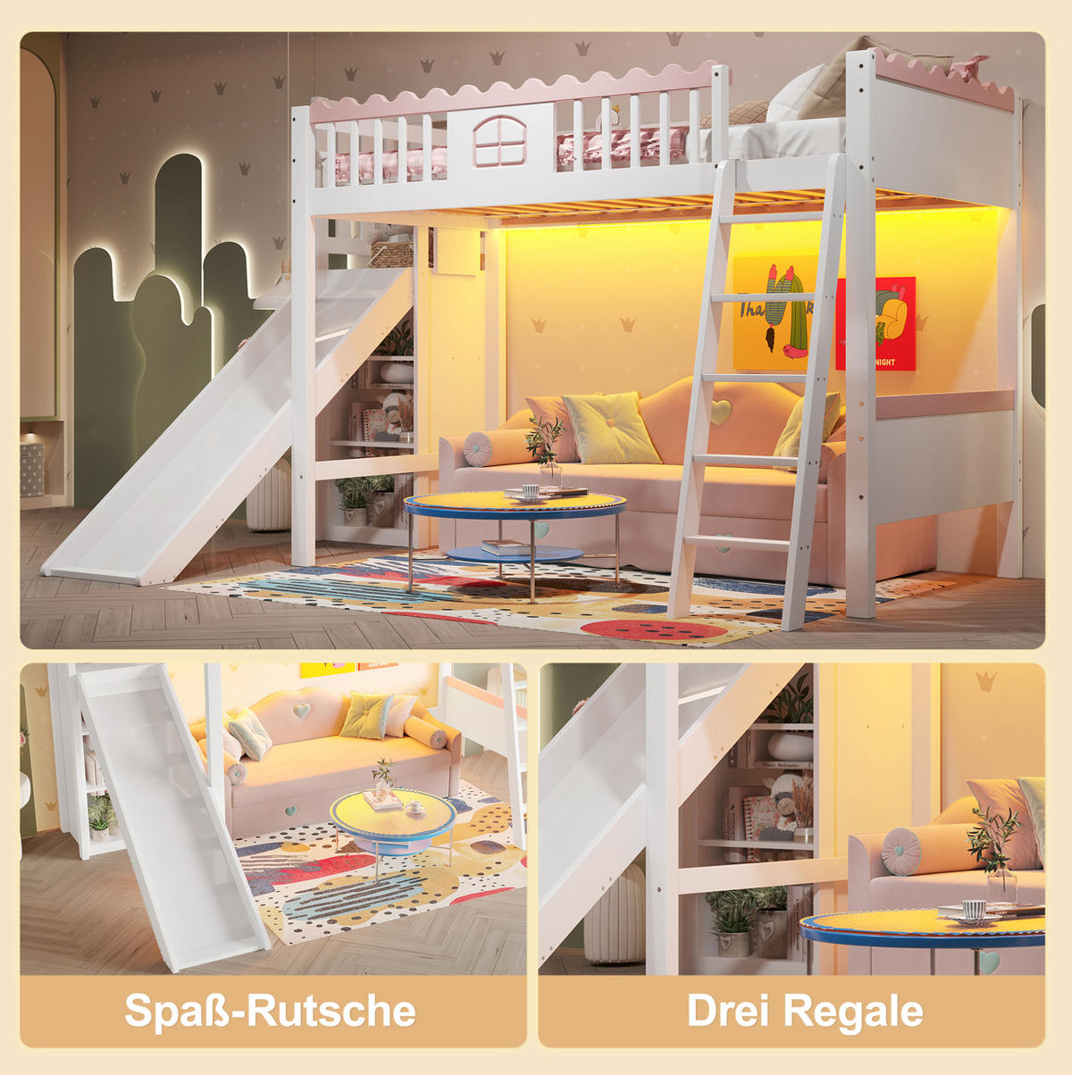 HOCHBETT 90/200 cm in Weiß – mit Rutsche, Regalen und LED-Licht - Weiß, Holz (90/200cm) - BEAOK