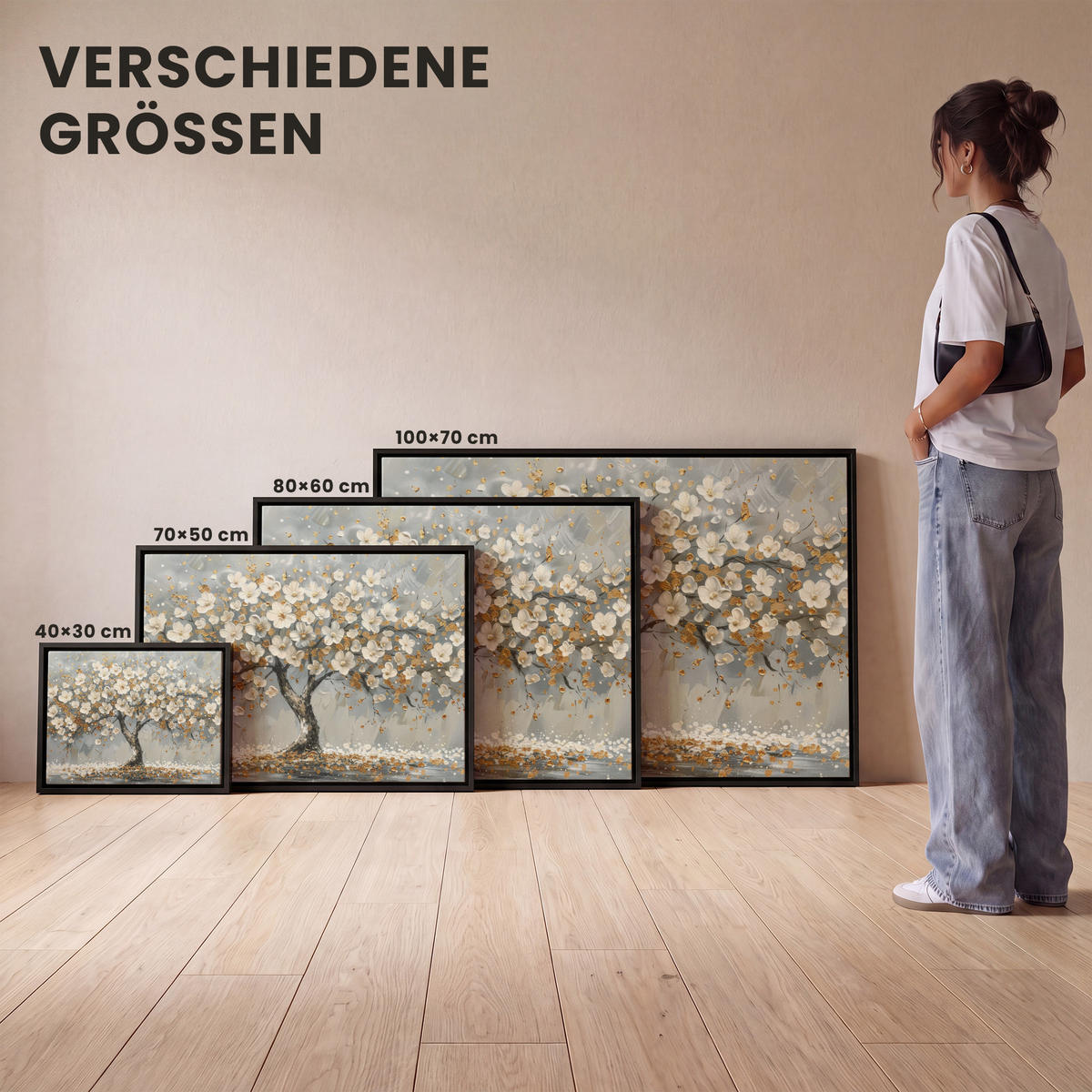 LEINWAND Bilder mit Rahmen - Baum - Blumen - Weiß - Natur - Kunst - 40x30 - Weiß, Textil (40/30cm) - MuchoWow