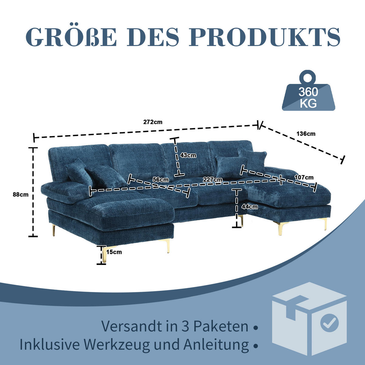 U-FORM Wohnlandschaft Chenille mit 2 Liegeflächen 272/136/88 cm Blau - Blau, Textil/Metall (136/88/272cm) - Redom