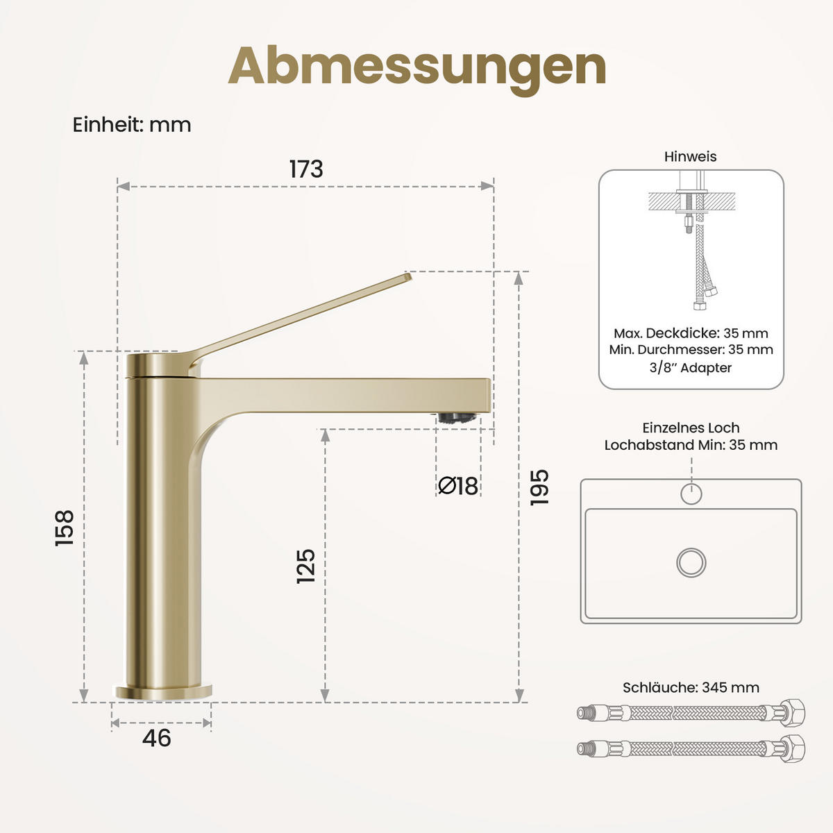 WASCHTISCHARMATUR mit Spulen-Zertifiziertem Filterelement Champagnergold - Goldfarben, Metall (17.3/4.6/19.5cm) - EMKE