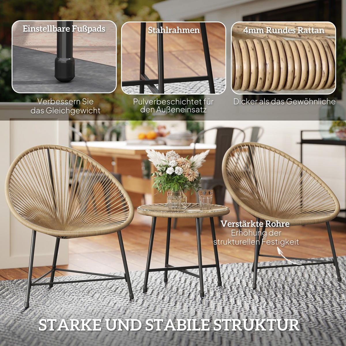 GARTENMÖBEL-Set, Outdoor Lounge Balkonmöbel für 2 Personen Naturholz - Naturfarben, Metall - Outsunny