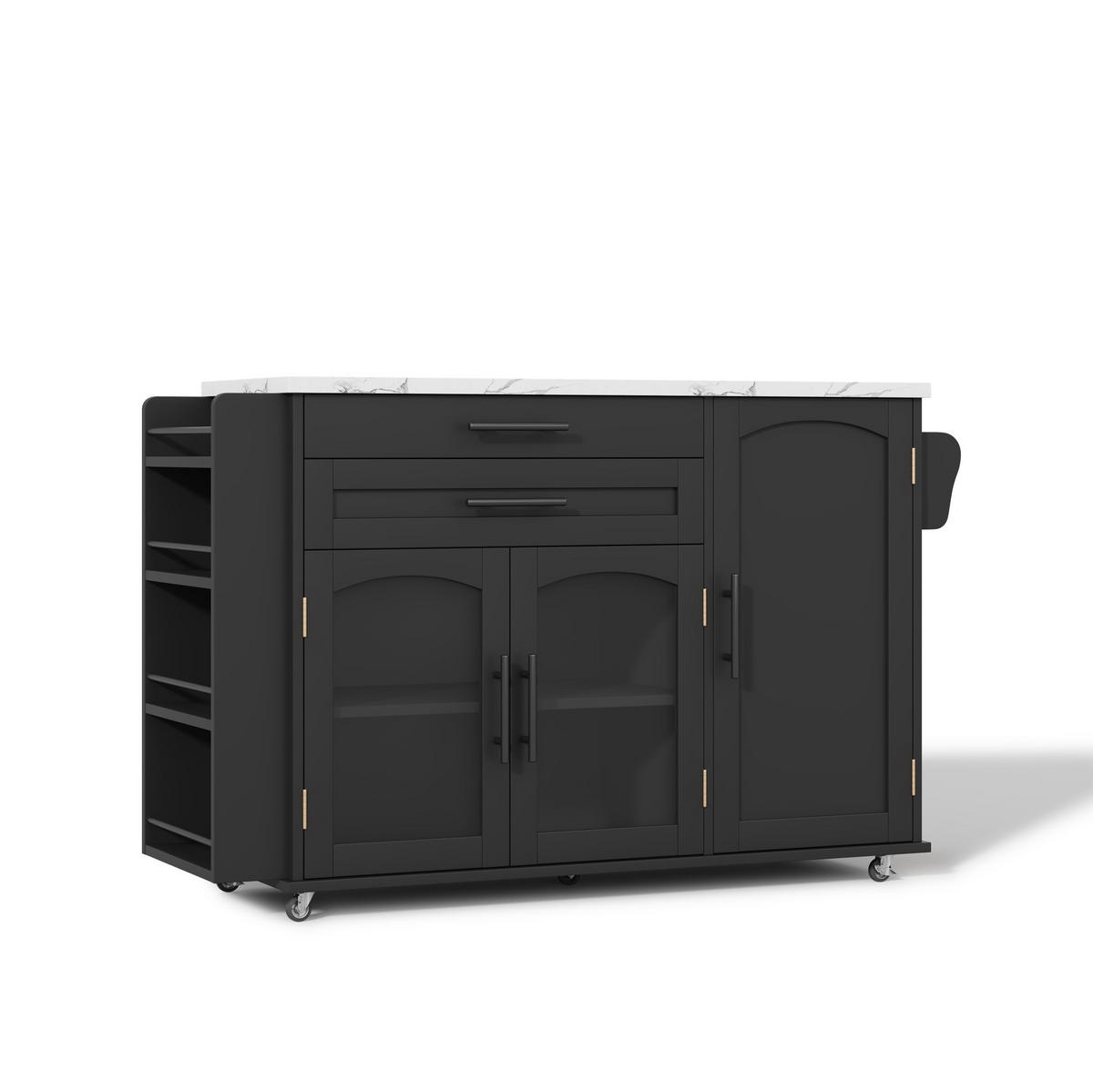 KÜCHENWAGEN 120/45-70/90 cm in Schwarz mit klappbarer Arbeitsfläche und Glastüren - Schwarz, Holzwerkstoff (138/90/70cm) - Flora Grace