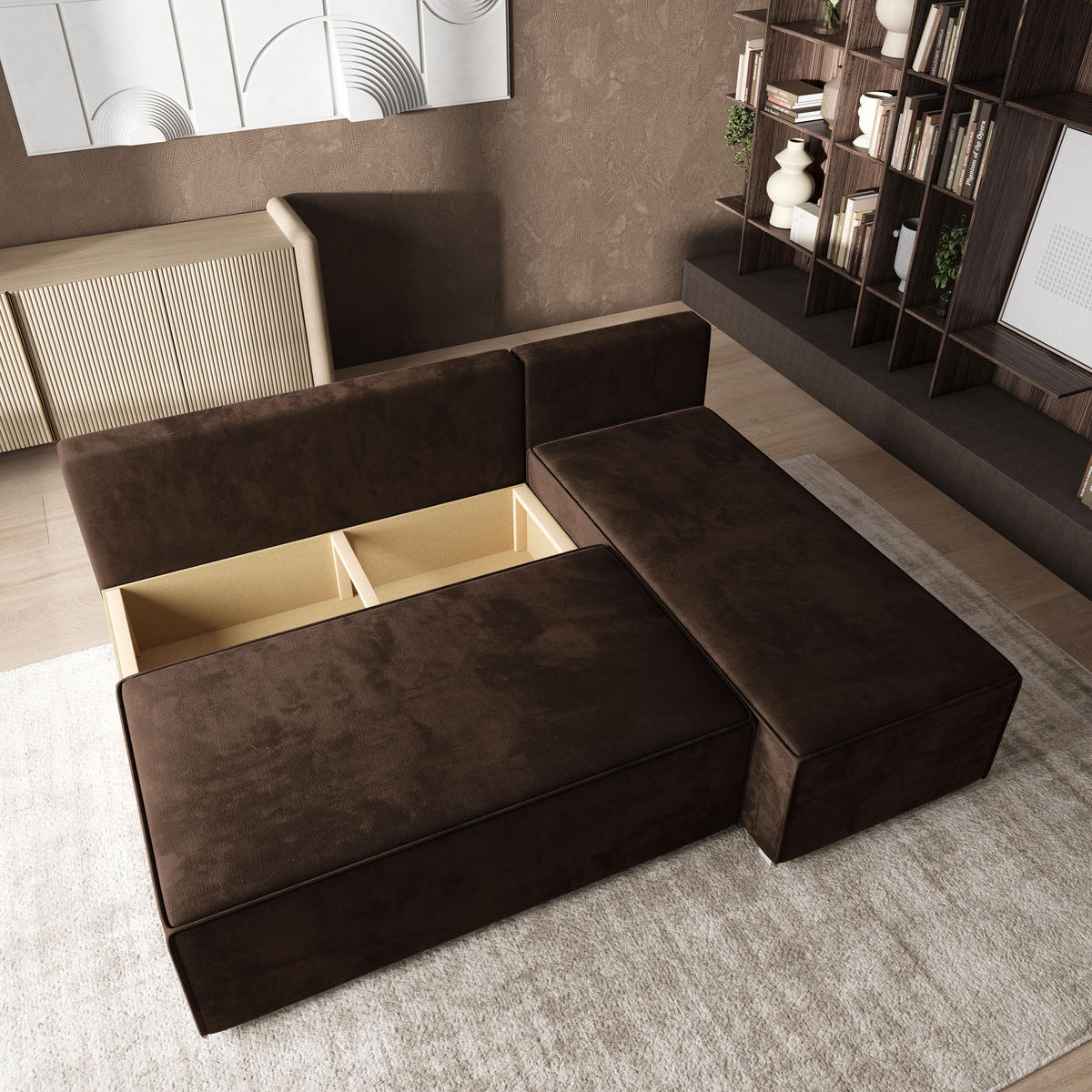 ROHOVÁ SEDAČKA BRISO hnědá - šedá/hnědá, dřevo/textil (200/140cm) - MASSENO