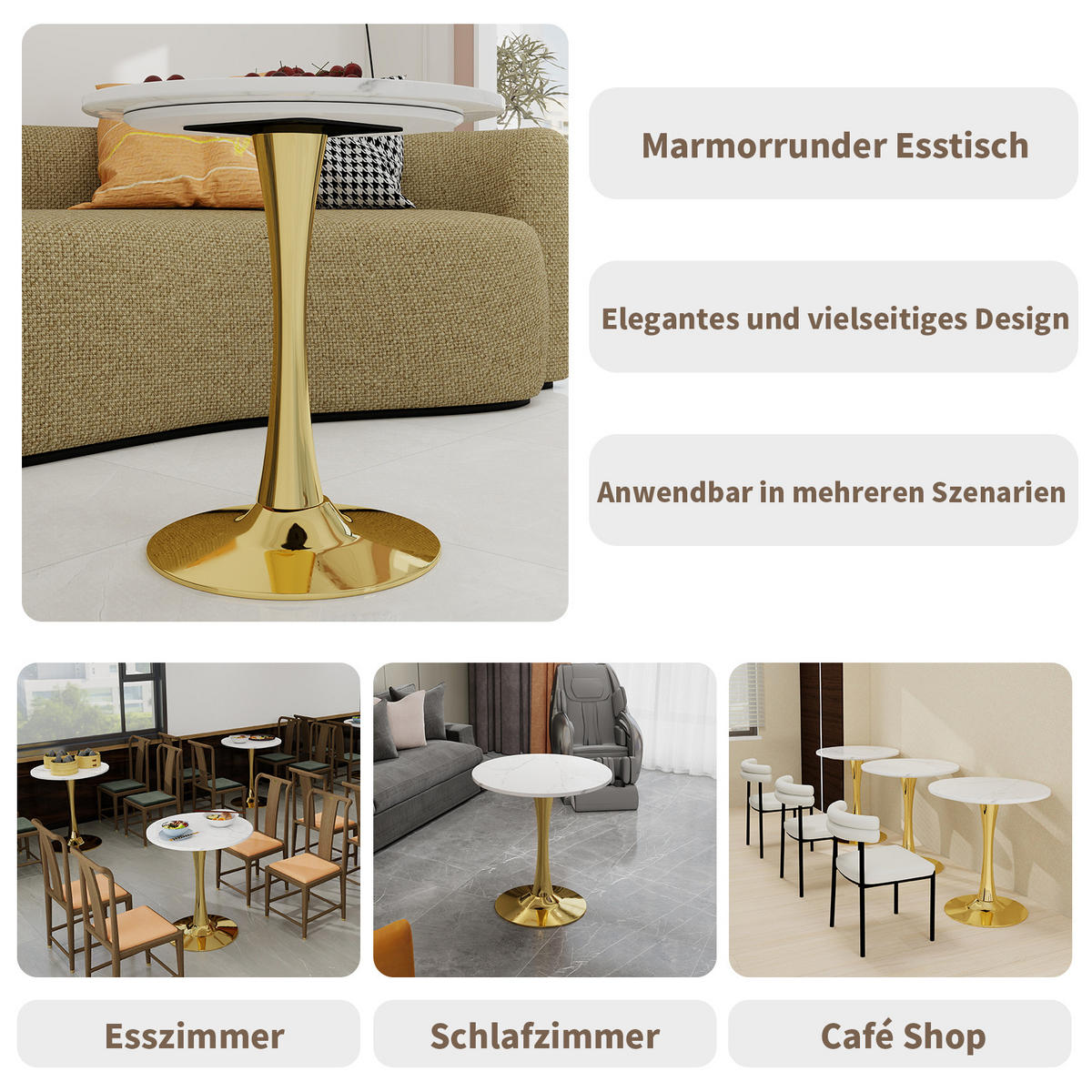 COUCHTISCH in Weiß und Gold Wohnzimmertisch mit einer runden Marmor-Tischplatte für Wohnzimmer, B70/T70/H72 cm - Goldfarben/Weiß, Stein/Metall (70/70/72cm) - STILVORA
