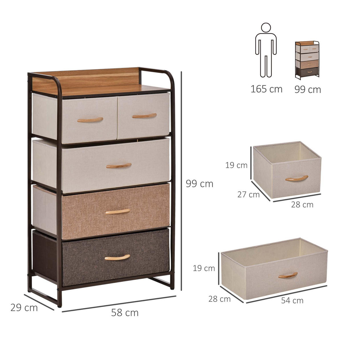 KOMMODE, Sideboard mit 5 Faltbaren Stoff-Schubladen, Braun - Braun, Textil (58/99/29cm) - HOMCOM