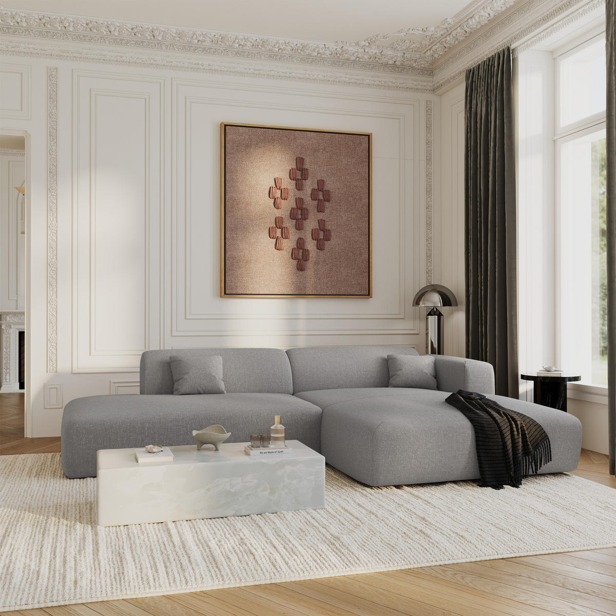 ECKSOFA RECHTS Rastergewebe Hellgrau 310cm - Hellgrau/Grau, Textil (300/96cm) - Sia Home