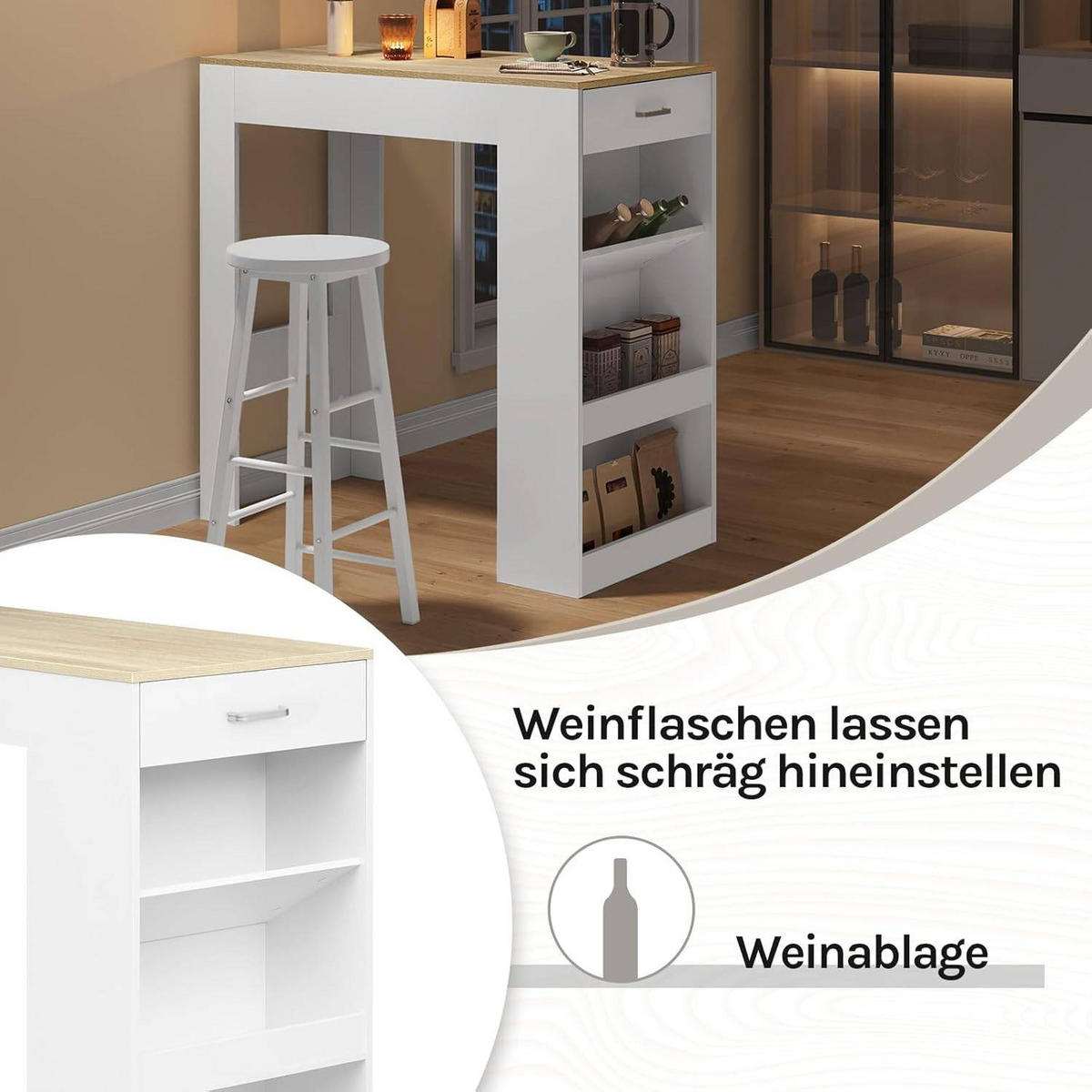 BARTISCH, Küchentisch mit Weinregal,100 x 50 x 100 cm - Hellbraun/Weiß, Holzwerkstoff (50/100/100cm) - Woltu