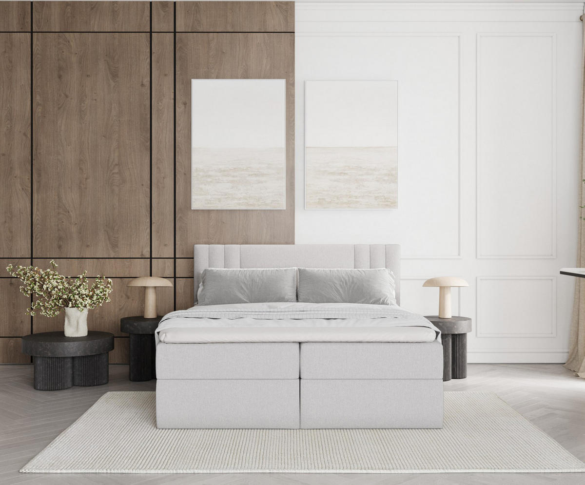 BOXBETT Mallo Hellgrau 200/200 cm mit Matratze und Topper - Hellgrau/Schwarz, Holz/Holzwerkstoff (200/200cm) - Maison de Reve